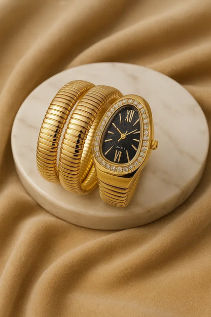 Zarini Luxury Gold-Tone Snake Wrap Bracelet Watch for Women | Crystal-Studded Dial | Free Size