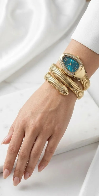 Zarini Luxe Crystal Gold Wrap Bracelet Watch for Women | Teal Blue Oval Dial Designer Timepiece