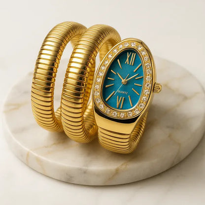Zarini Luxe Crystal Gold Wrap Bracelet Watch for Women | Teal Blue Oval Dial Designer Timepiece