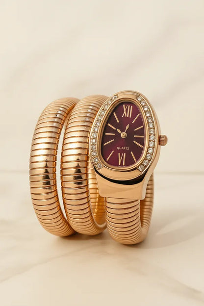 Zarini Luxe Crystal Gold Wrap Bracelet Watch for Women | Maroon Oval Dial Designer Timepiece