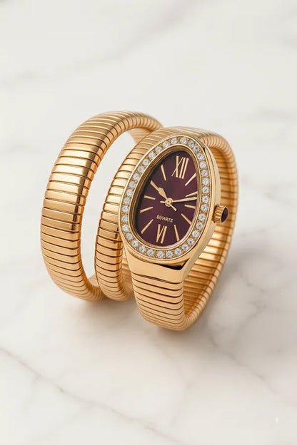 Zarini Luxe Crystal Gold Wrap Bracelet Watch for Women | Maroon Oval Dial Designer Timepiece
