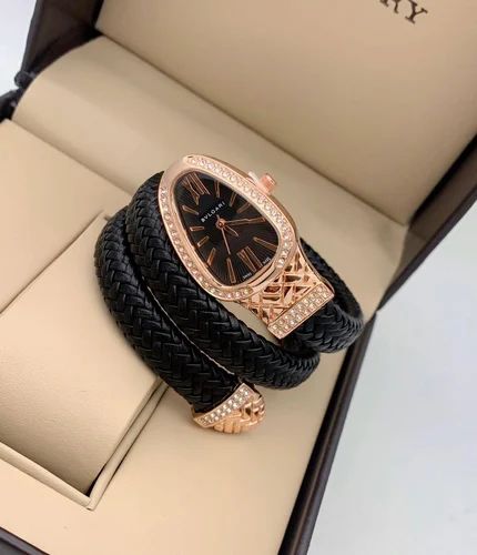 Zarini Luxe Crystal Black Woven Wrap Bracelet Watch for Women | Gold-Tone Designer Oval Dial
