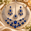 Zarini Royal Blue Crystal Bridal Necklace Set with Earrings & Maang Tikka | Silver-Tone Wedding Jewellery