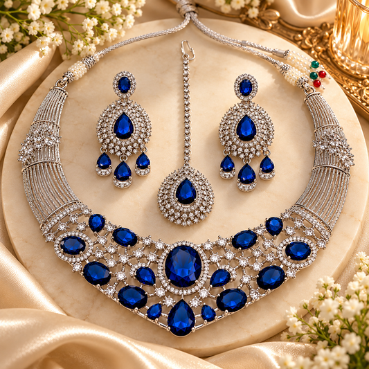 Zarini Royal Blue Crystal Bridal Necklace Set with Earrings & Maang Tikka | Silver-Tone Wedding Jewellery