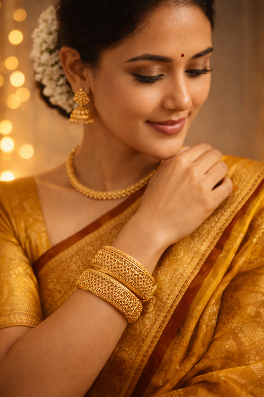 Zarini Gold-Toned Filigree Kada Bangles with Intricate Floral Design – Set of 2