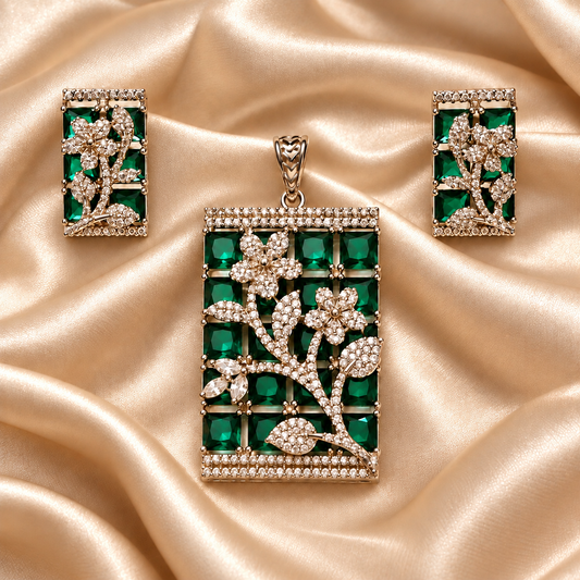 Zarini Emerald Green Floral Pendant Set with Earrings | Silver-Tone Jewellery Set