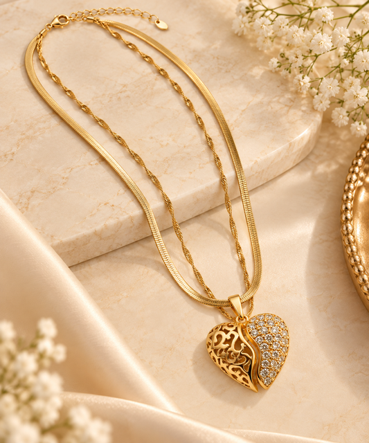 Gold Heart Pendant Necklace for Women | CZ Crystal Double-Layer Necklace