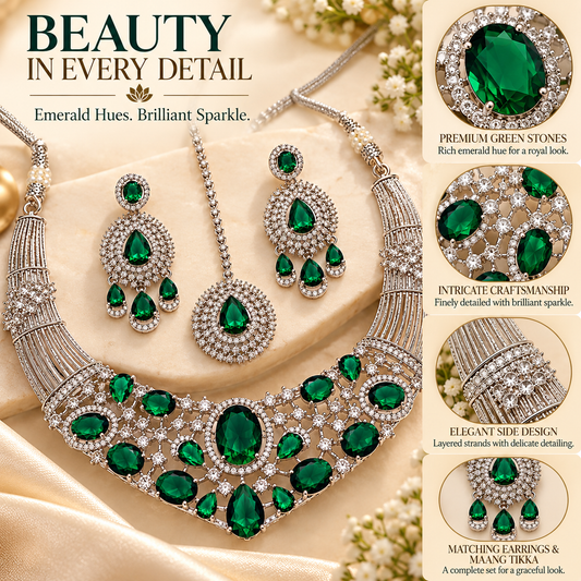 Zarini Emerald Green Crystal Bridal Necklace Set with Earrings & Maang Tikka | Silver-Tone Wedding Jewellery