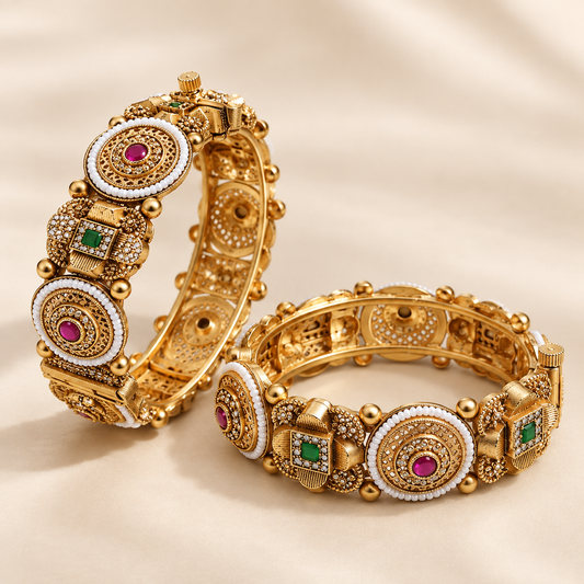 Zarini Antique Gold-Toned Ruby & Emerald AD Kada Bangles with Pearl Detailing – Set of 2