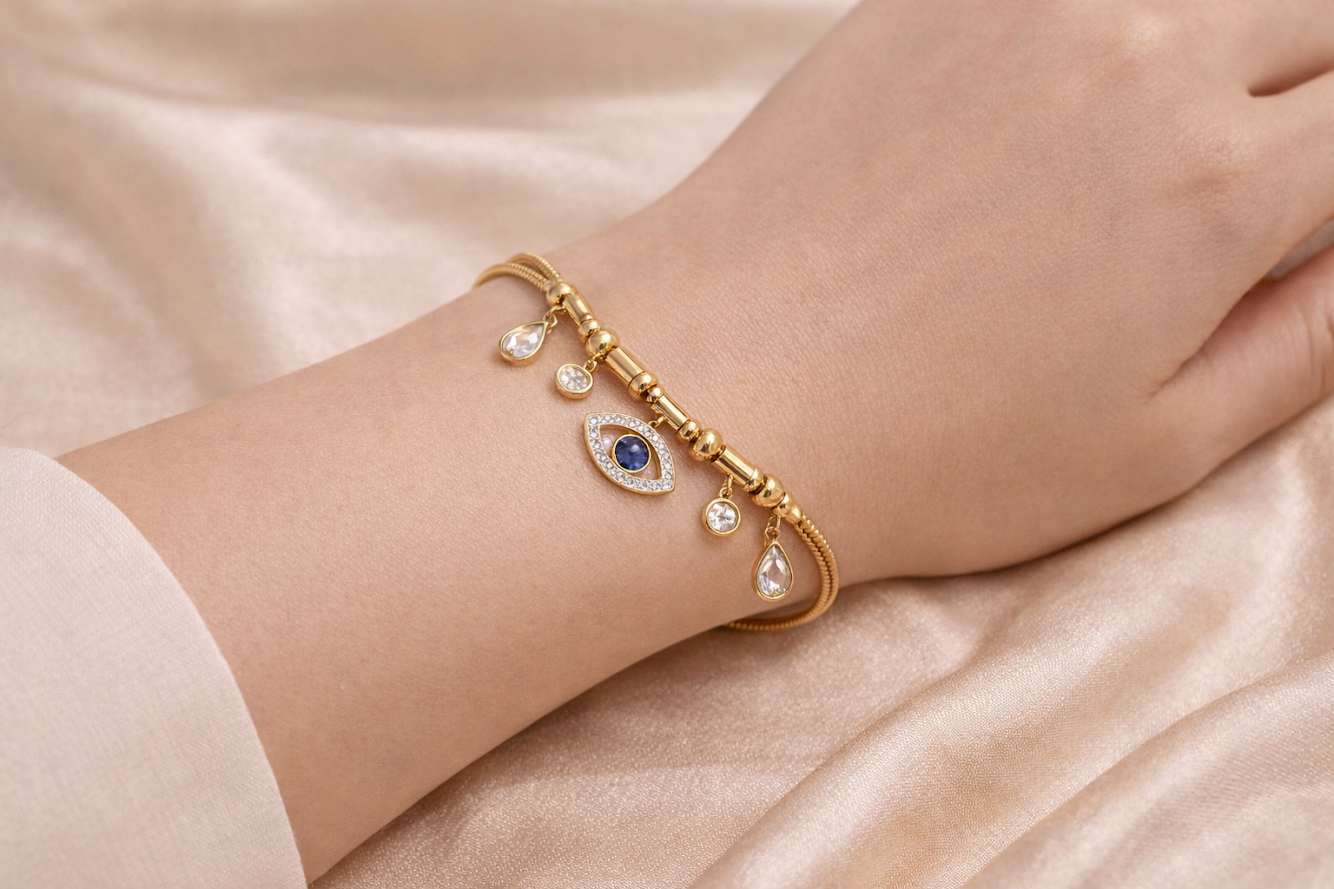 Gold Plated Evil Eye Charm Bracelet – Anti-Tarnish CZ Studded Design