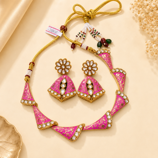 Zarini Gulnaar Pink Meenakari Kundan Necklace Set