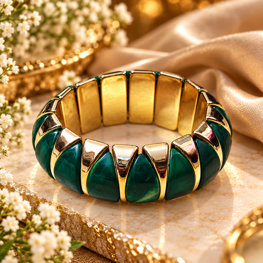 Zarini Emerald Green Marbled Statement Bangle for Women | Gold-Tone Elegant Bracelet
