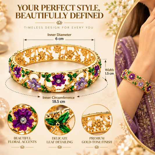 Zarini Gold-Tone Purple Floral Enamel Bangle for Women | Crystal Statement Bracelet
