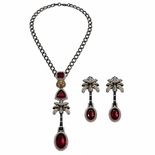 Zarini Amara Ruby Palm Statement Necklace & Earrings Set
