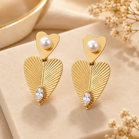 Zarini Gold-Tone Pearl Heart & Leaf Drop Earrings for Women