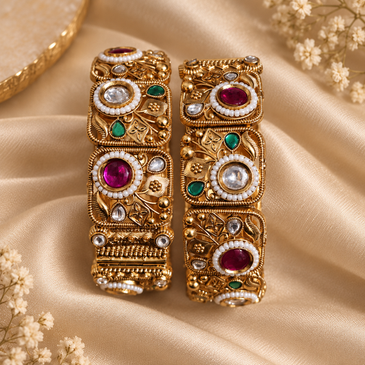 Zarini Antique Gold-Toned Kundan Kada Bangles with Ruby, Emerald &amp; Pearl Detailing – Set of 2