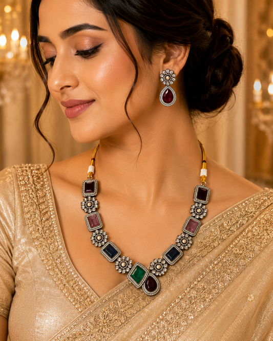 Zarini Navya Multicolour Kundan Necklace & Earrings Set
