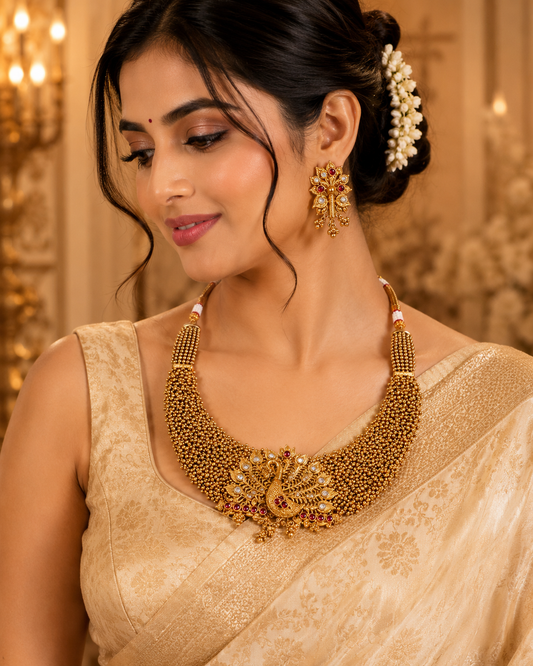Zarini Mayura Antique Gold Bridal Necklace Set.