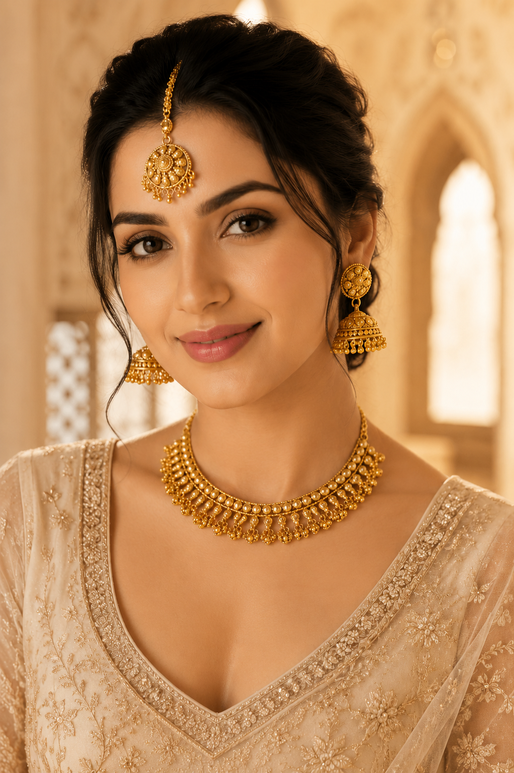 Antique Gold Beaded Choker Set with Maang Tikka