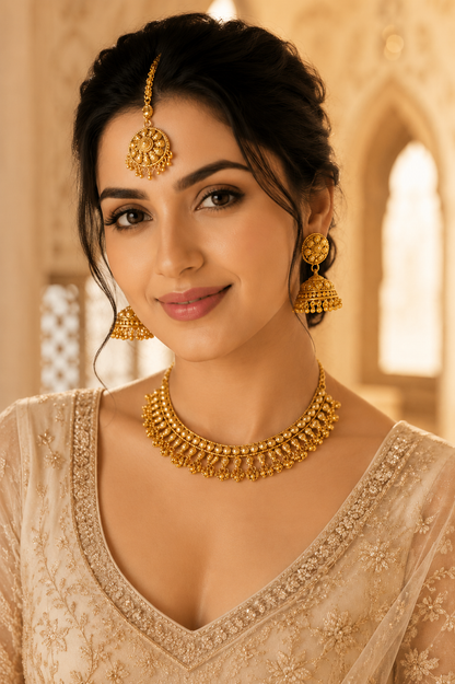 Antique Gold Beaded Choker Set with Maang Tikka