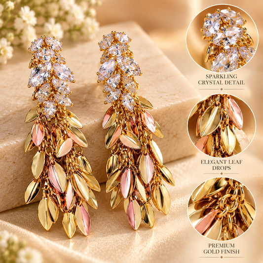 Zarini Gold-Tone Crystal Leaf Drop Earrings | Gold -Tone Statement Earrings