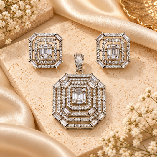 ZARINI Regal Radiance Silver-Toned Geometric Pendant Set