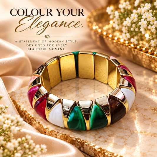 Zarini Multicolour Enamel Statement Bangle for Women | Gold-Tone Geometric Bracelet