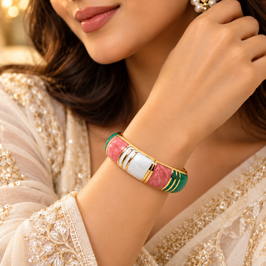 ZARINI Colour Harmony Pink, Green & Ivory Gold-Toned Bangle