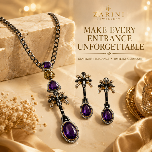 Zarini Elara Amethyst Palm Statement Necklace & Earrings Set