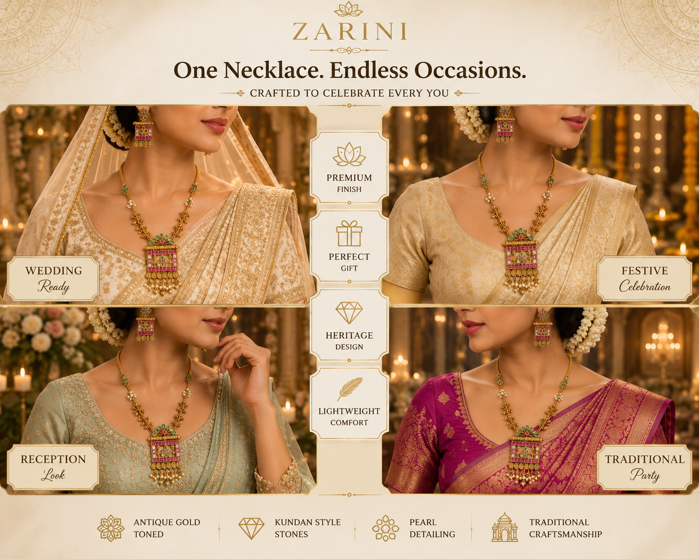 Zarini Heritage Kundan Long Pendant Necklace Set