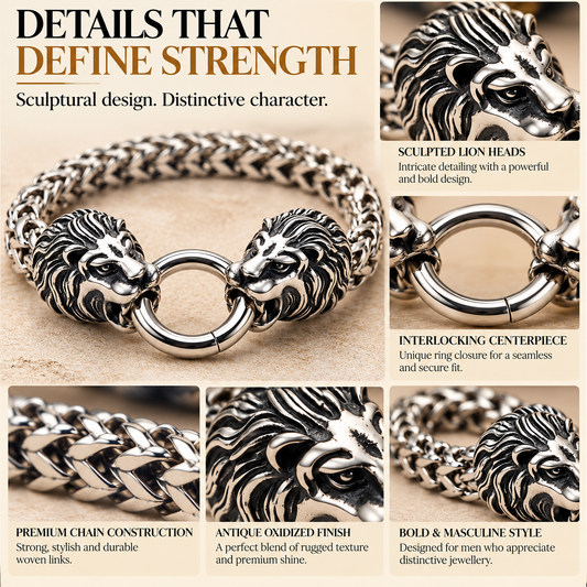 Zarini Men’s Silver-Tone Lion Head Chain Bracelet | Statement Bracelet