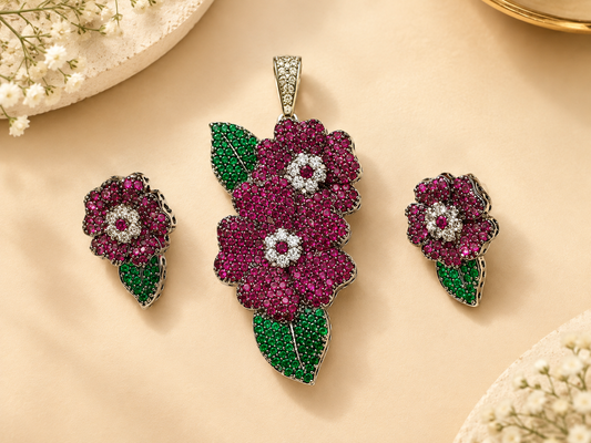 ZARINI Fuchsia Blossom Pink & Green Floral Pendant Set