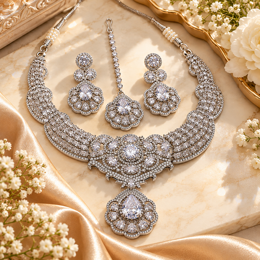 Zarini Silver-Tone White Crystal Bridal Necklace Set with Earrings & Maang Tikka | Luxury Wedding Jewellery