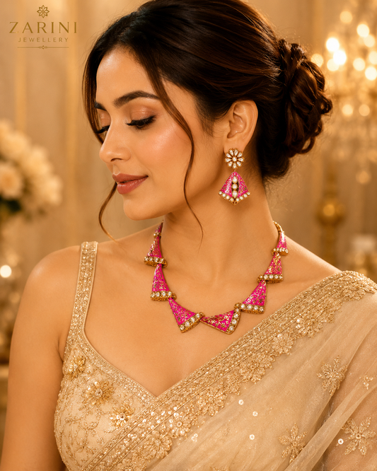 Zarini Gulnaar Pink Meenakari Kundan Necklace Set