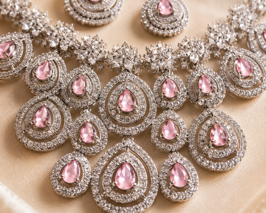 Zarini Blush Pink AD Bridal Necklace Set with Earrings & Maang Tikka