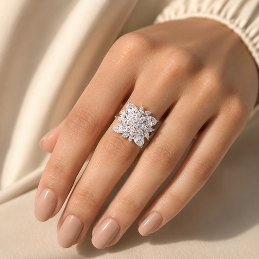 ZARINI Crystal Blossom Silver-Toned Floral Statement Ring