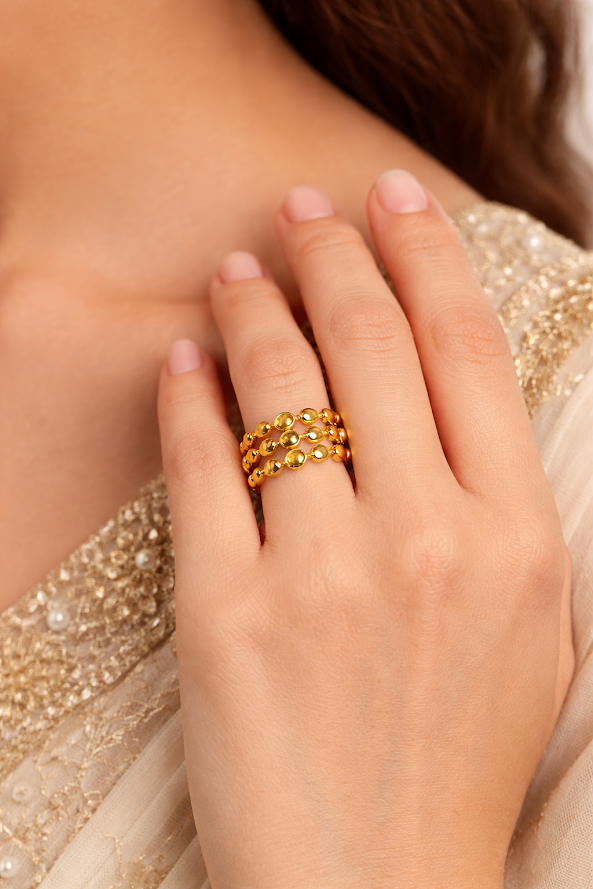 Zarini Triple-Layer Dotted Ring – Gold Plated Anti-Tarnish Statement Band
