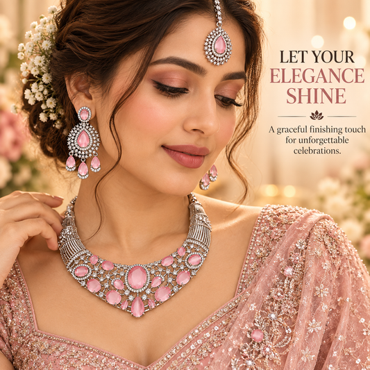Zarini Pink Crystal Bridal Necklace Set with Earrings & Maang Tikka | Silver-Tone Wedding Jewellery