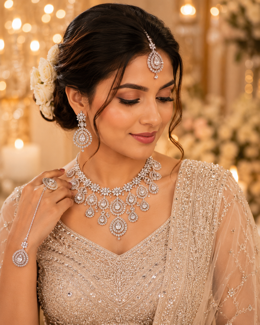 Zarini Royale Crystal Teardrop Bridal Necklace Set with Earrings & Maang Tikka