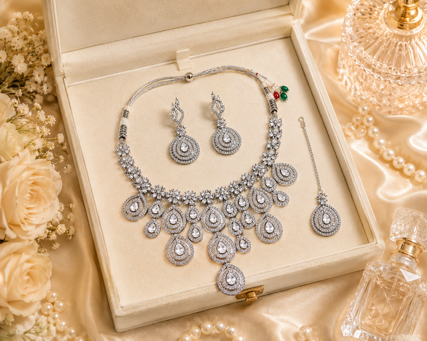 Zarini Royale Crystal Teardrop Bridal Necklace Set with Earrings & Maang Tikka