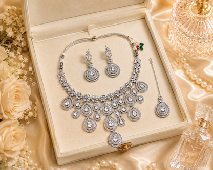 Zarini Royale Crystal Teardrop Bridal Necklace Set with Earrings & Maang Tikka