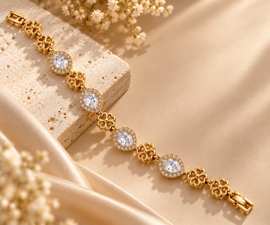 Golden Crystal Floral Bracelet for Women | Elegant Teardrop Stone &amp; Flower Link Bracelet