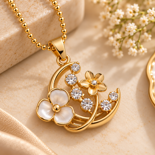 Zarini Gold-Toned Floral Crystal Pendant Necklace with Pearl-Finish Petals