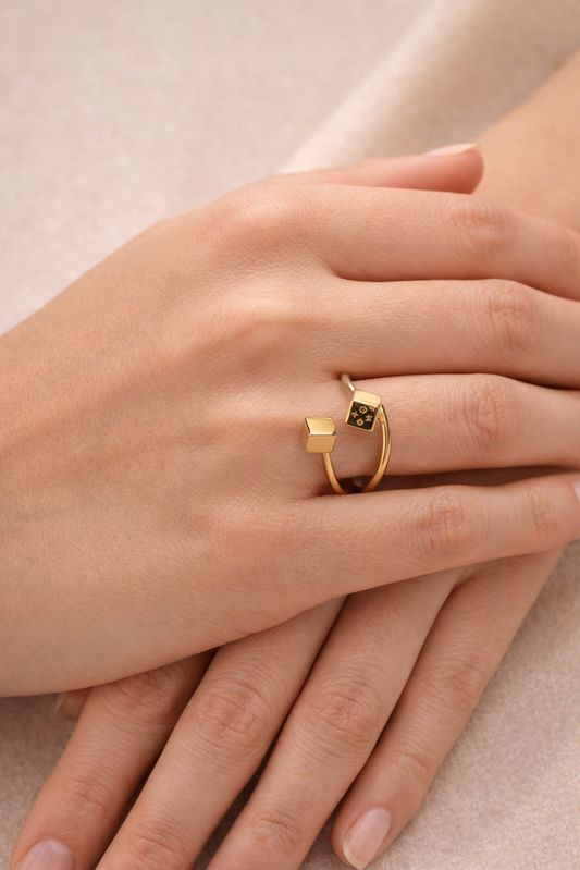 Zarini Double Cube Ring Gold Plated Anti Tarnish Open Statement Design Showing Open Adjustable Band