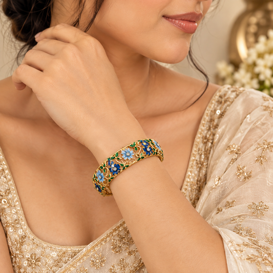 Zarini Gold-Tone Blue Floral Enamel Bangle for Women and girls