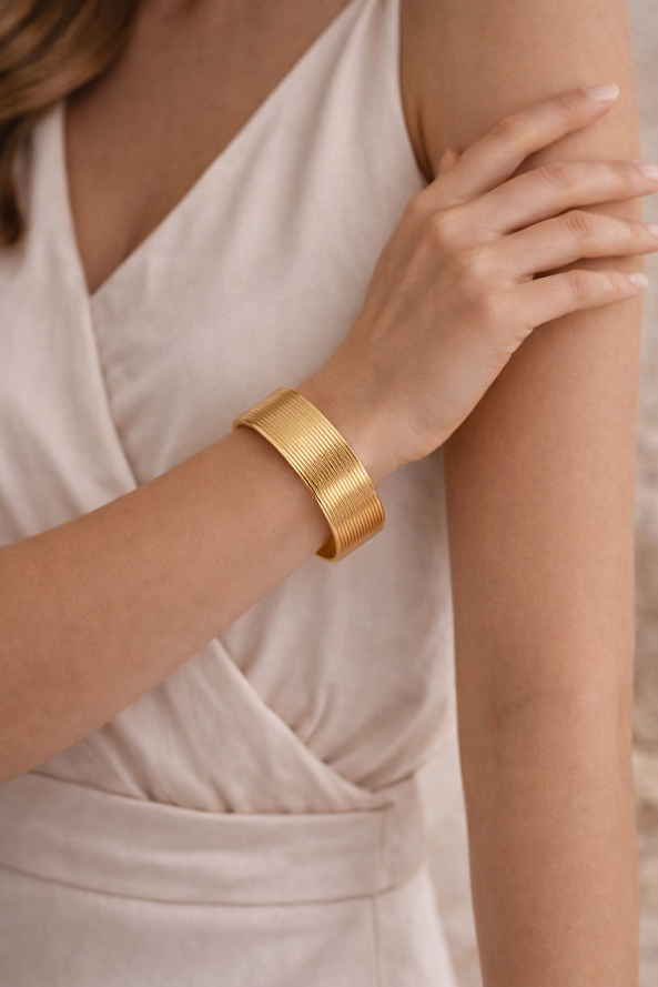 Zarini Textured Wide Cuff Bracelet – Gold Tone Adjustable Statement Piece