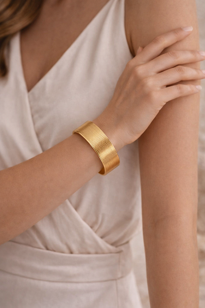 Zarini Textured Wide Cuff Bracelet – Gold Tone Adjustable Statement Piece