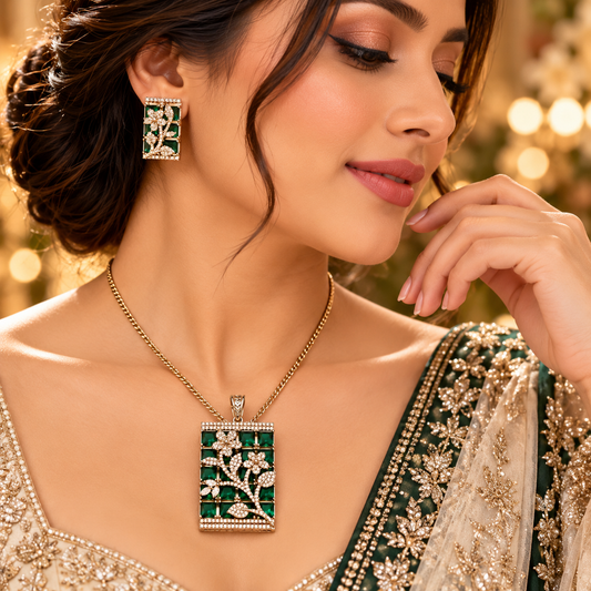 Zarini Emerald Green Floral Pendant Set with Earrings | Silver-Tone Jewellery Set