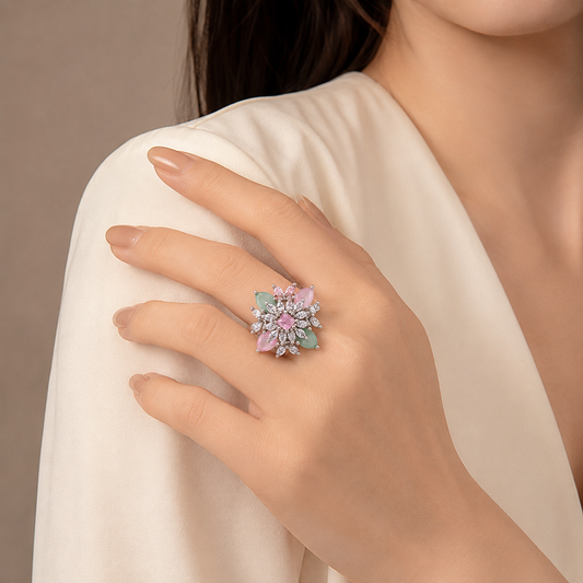 ZARINI Pastel Garden Pink & Mint Floral Statement Ring