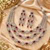 Zarini Ruby Red Crystal Layered Necklace Set with Earrings | Silver-Tone Party Wear Jewellery
